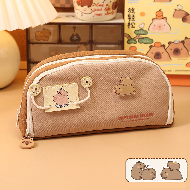 Capibala Pen Bag Multi functional Canvas Three Layer Large Capacity Pen Bag Cute and Creative Student Stationery Bag Pencil Bag