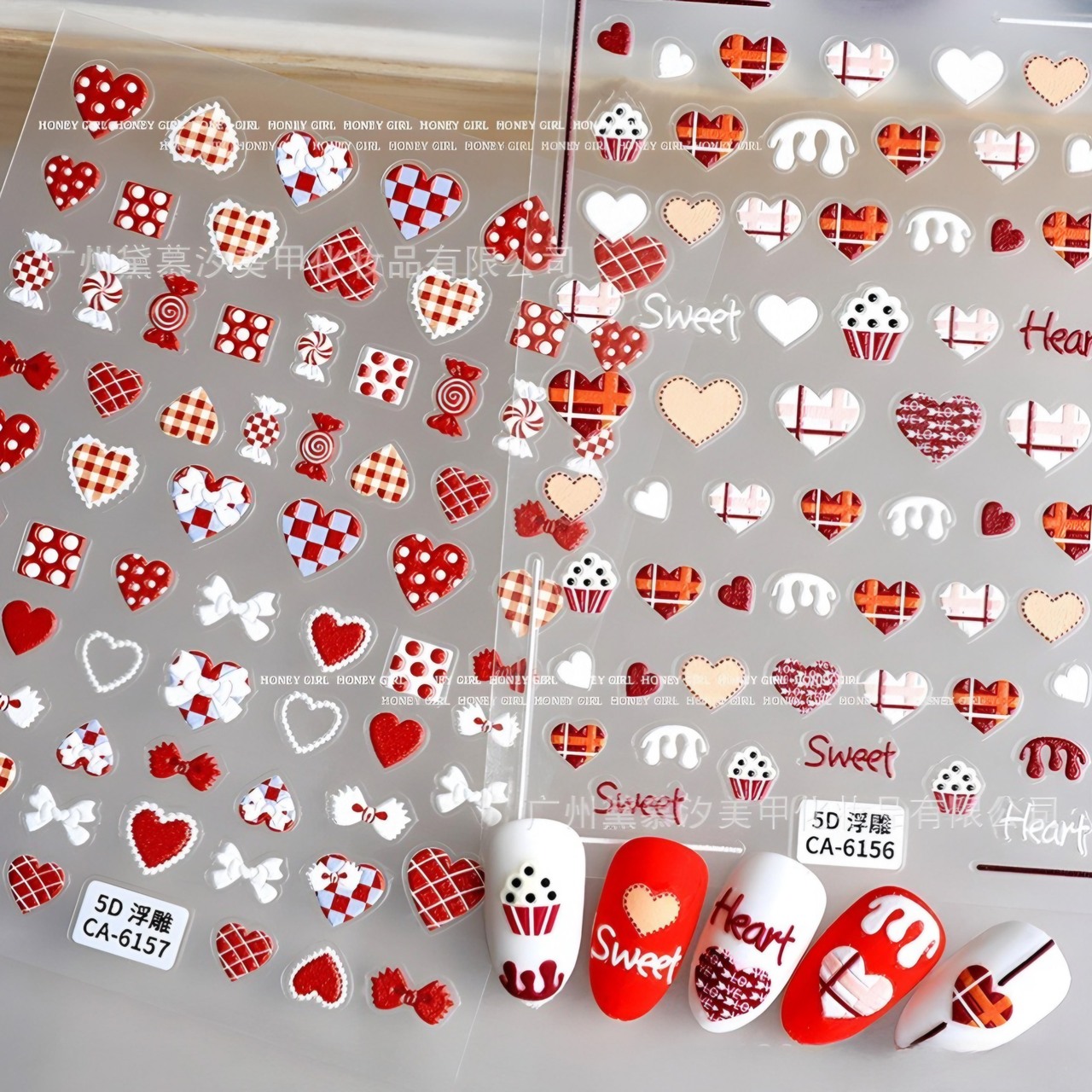 Sticker Nail 5D Lụa Nổi | Tim Đỏ & Bánh Kẹo | Hình Dán Móng Tay CA