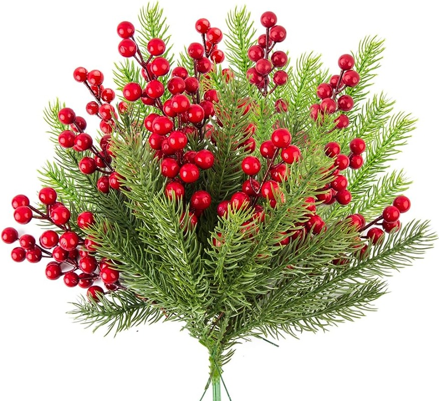 1/10 Pieces Artificial Pine Branches Christmas Holly Berries Artificial Red Berry Stems for Christmas Wreath Decorations Xmas Tree Decoration