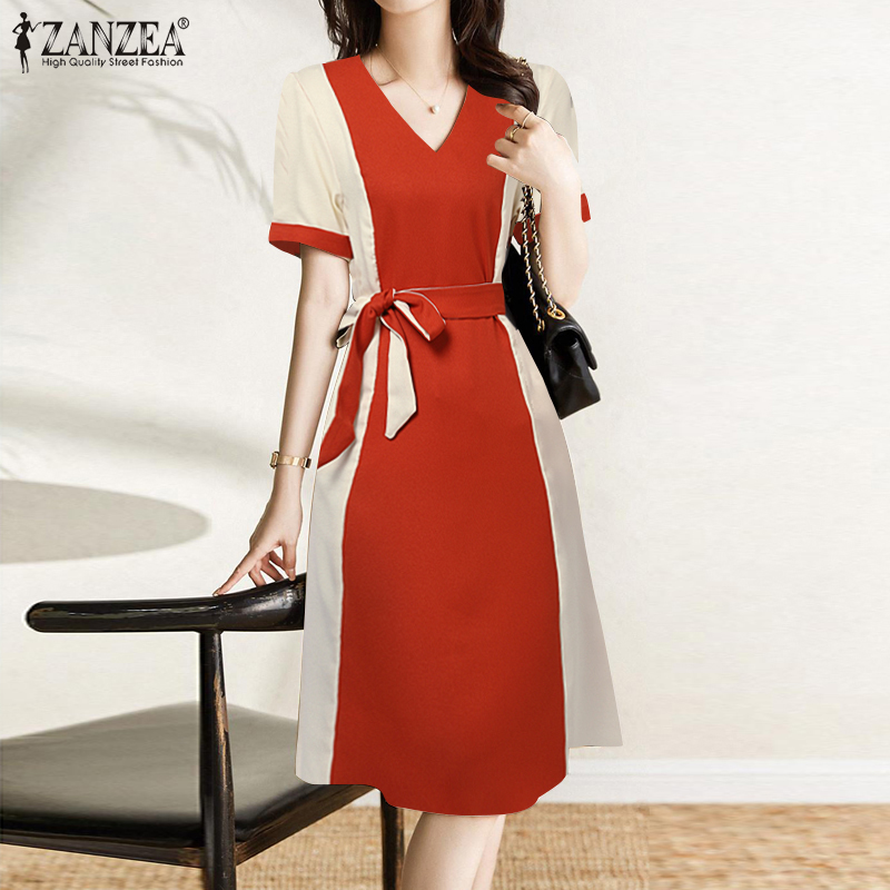 ZANZEA Korean Style Womens Contrast Color A-Line Dresses Elegant Plain V-Neck Sundress #11
