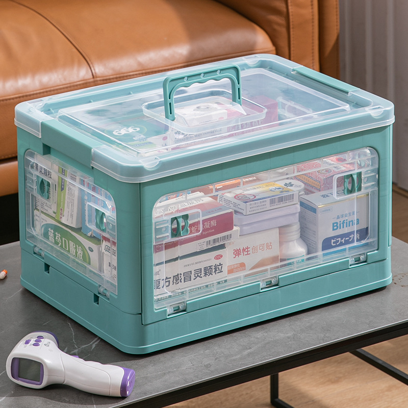 Medical box, large capacity household storage box, transparent first aid kit, foldable storage box, multi-layer extra large sorting box