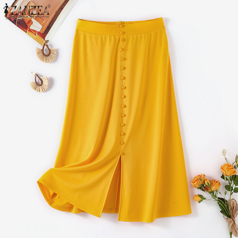 MOMONACO ZANZEA Women's Overskirts Elegant Buttons Solid Midi A-Line Skirts OL Work Front Slit Knitted Skirt #15