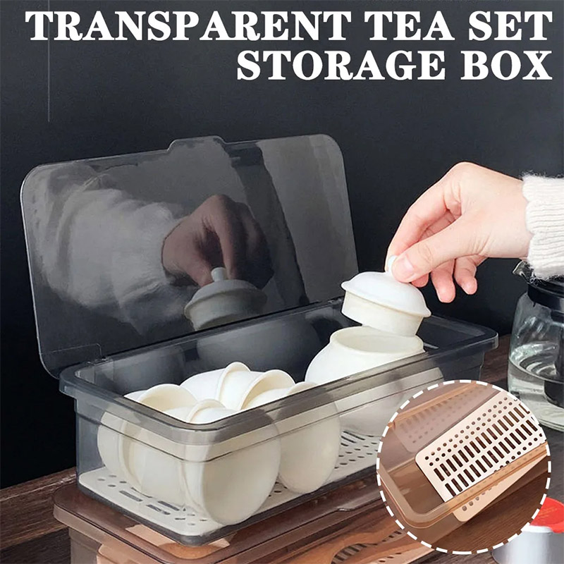 KS Tea set storage box double-layer desktop dust-proof storage box with lid kitchen chopstick storage box drain rack tray