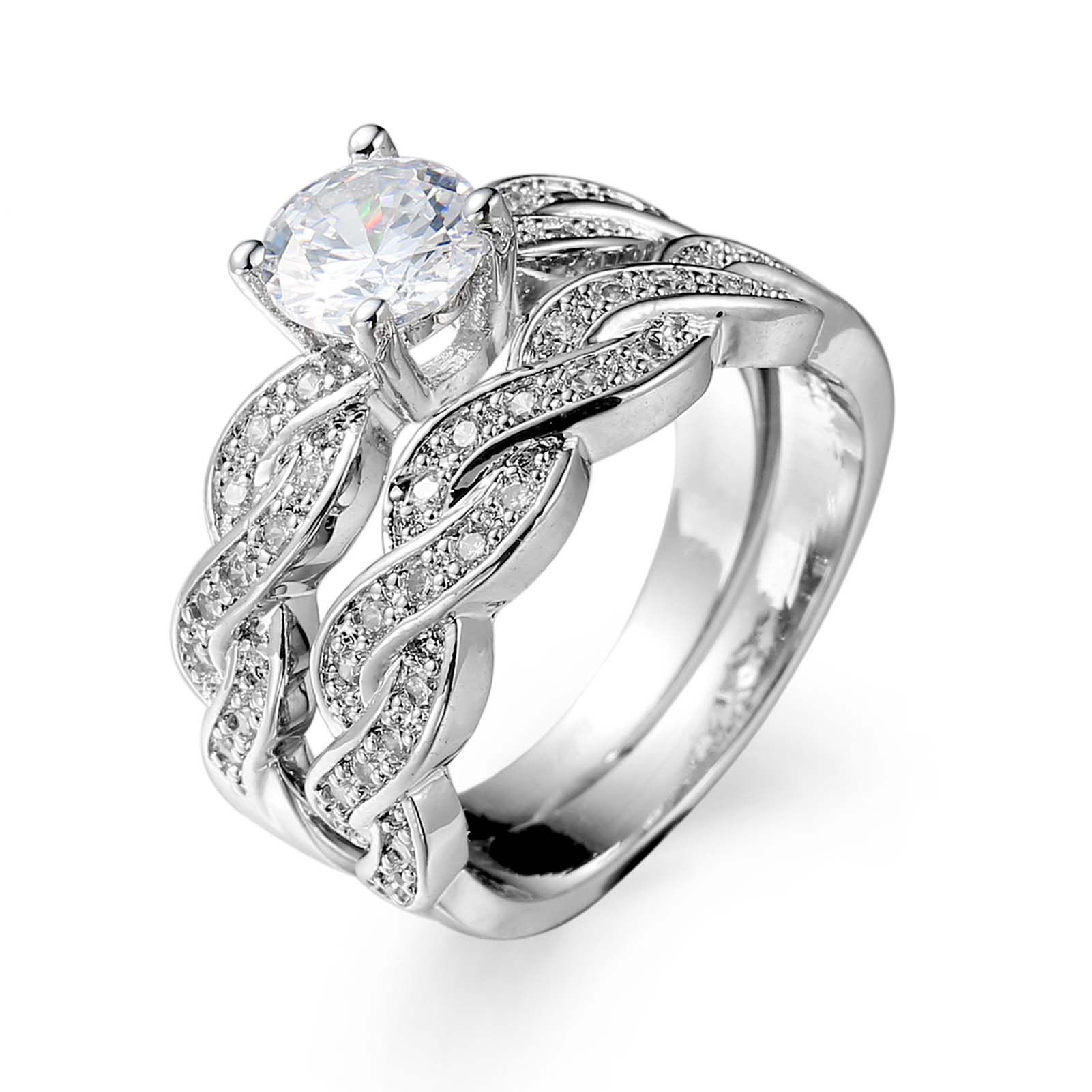 2Pcs/Set Exquisite Smooth Surface Wedding Bands Copper Twist Cubic Zirconia Lover Rings Charm Jewelry