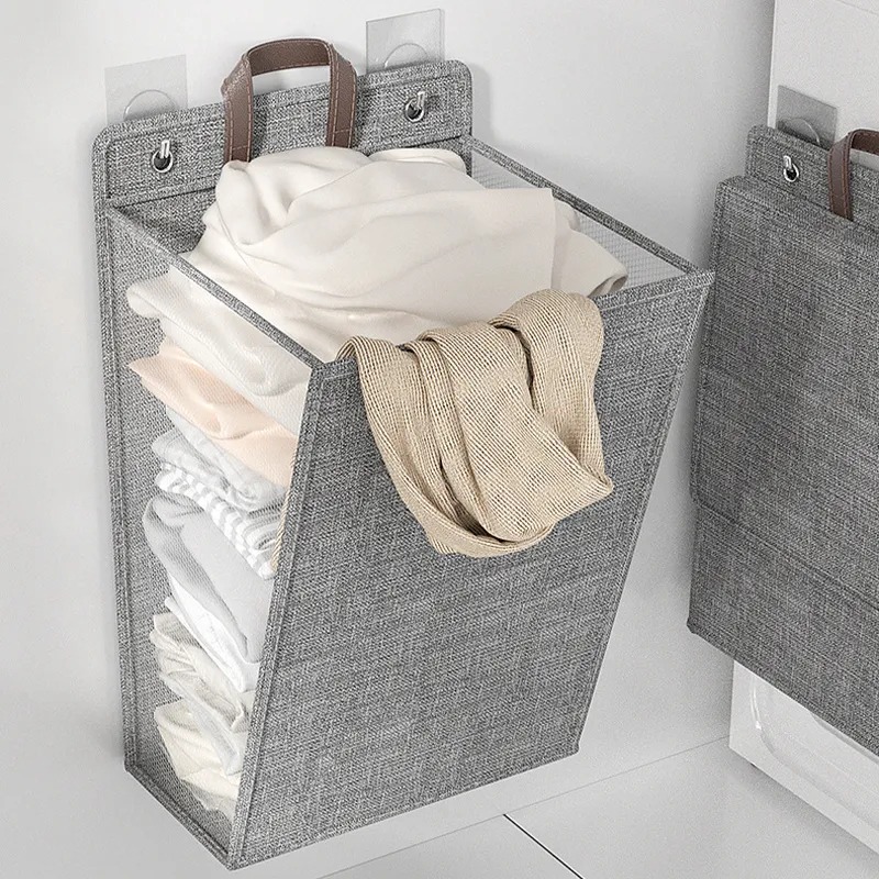 Large Capacity Foldable Hanging Laundry Basket Linen Wall-mounted Dirty Clothes Basket Space-saving Waterproof Bathroom Storage Basket