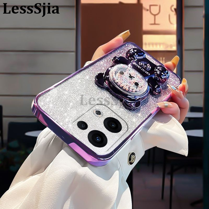 For OPPO Reno 13 Pro 13F Case with Gradient 3D Bear Folding Stand Bracket Luxury Slim 6D Plating Glitter Girls for OPPO Reno 13F 13 Pro Back Cover