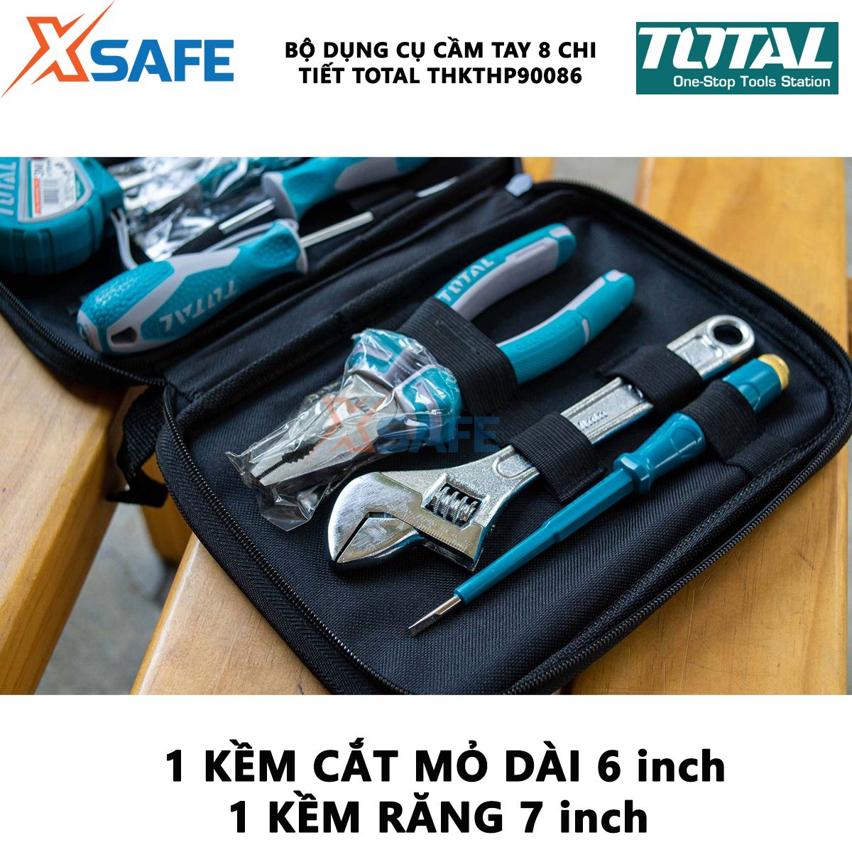 Bộ đồ nghề cầm tay 8 chi tiết TOTAL THKTHP90086 | bộ 8 dụng cụ cầm tay gồm thước cuộn, tua vít, mỏ lết