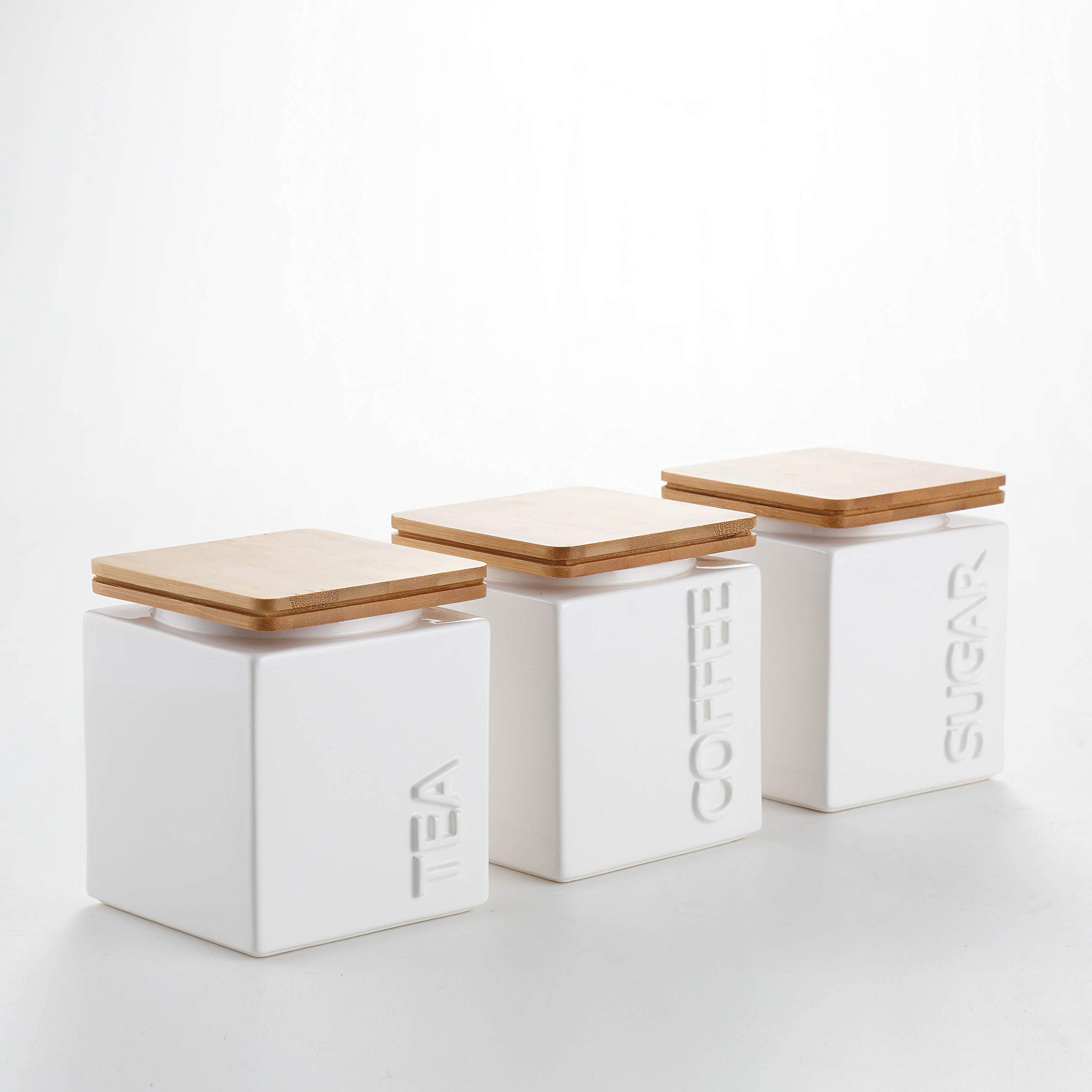 [Free 3 Wooden Spoons] 3pc Square Embossed Ceramic Canister Set with