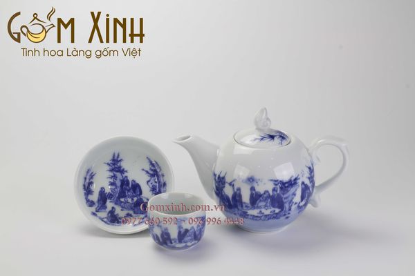 Bộ ấm chén Bát Tràng chóp lửa men lam cổ