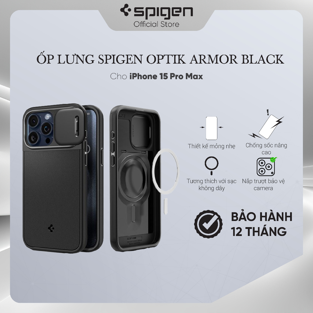 Ốp lưng cho iPhone Spigen 15 Pro/ 15 Pro Max Optik Armor - Hàng chính hãng