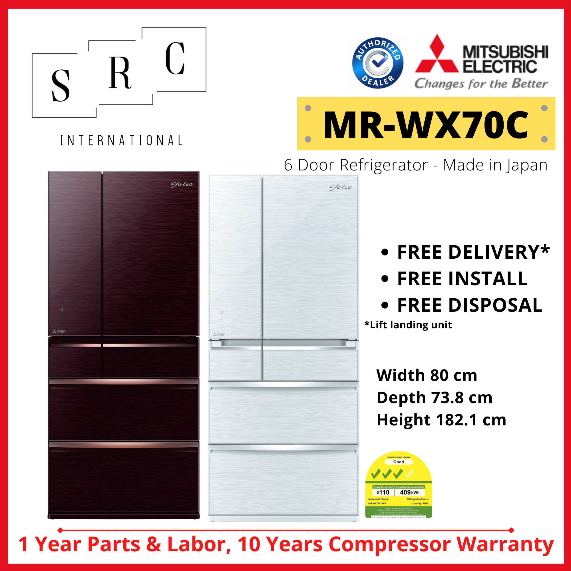 Mitsubishi MRWX70C 6doors Refrigerator 576L Lazada Singapore