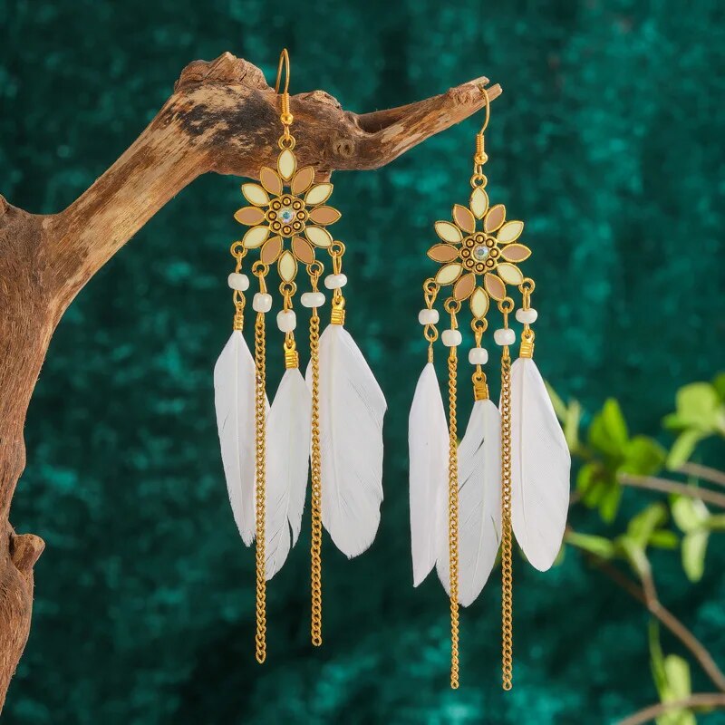 Boho Ethnic Colorful Feather Earring For Women Bohemian Tassel Chain Drop  Dangle Earring Girls Elegant Party Jewelry