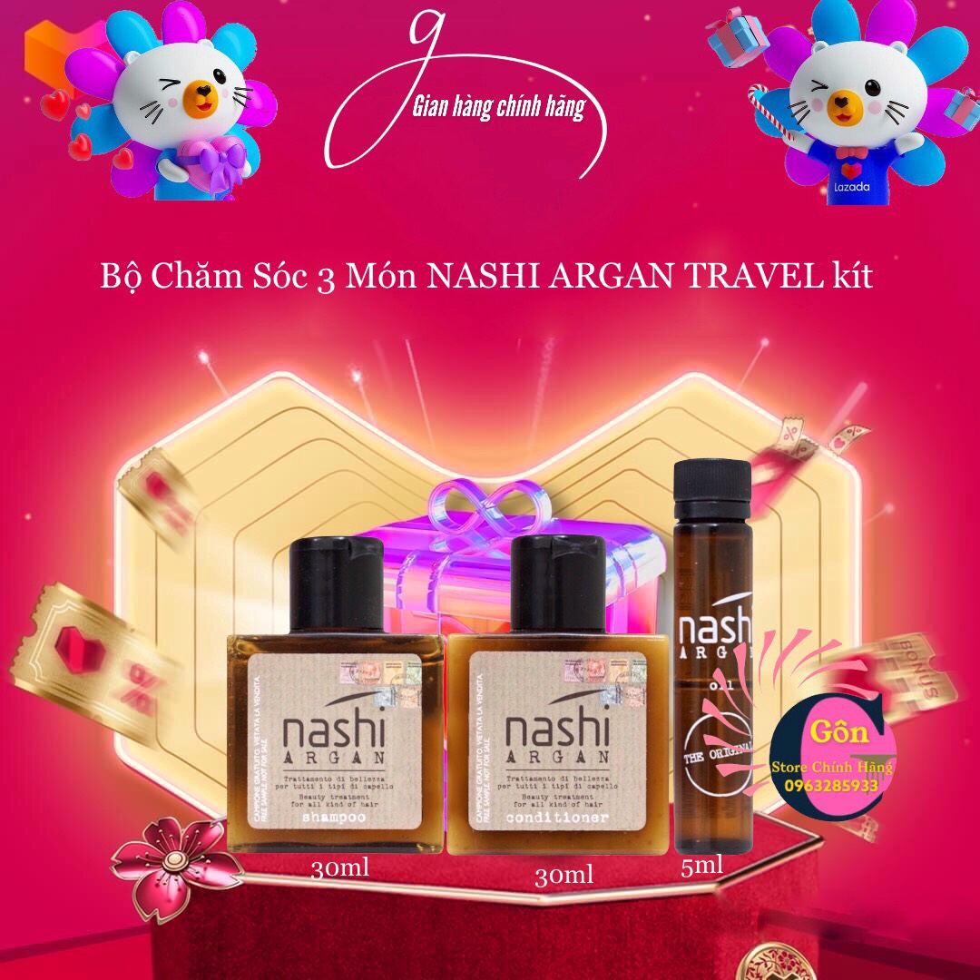 Bộ Nashi Argan Mini phục hồi tóc hư tổn ( Gội 30ml + Xả 30ml + Tinh dầu 5ml)