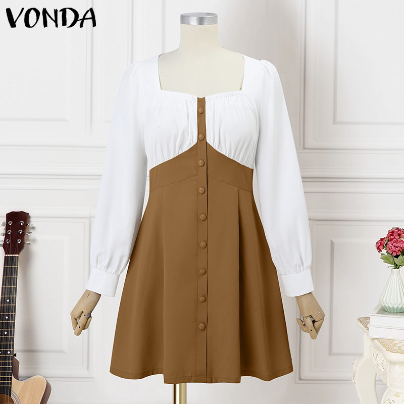 VONDA%20Women's%20French%20Square%20Collar%20Contrast%20Splicing%20Dress%20Temperament%20Puff%20Sleeve%20A-Line%20Dresses%20(Korean%20Commuting)%20#3%20-%20Image%203