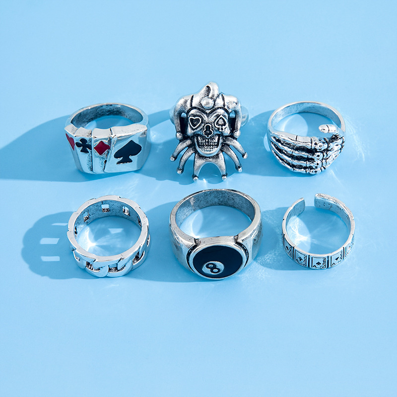 Metal Finger Rings Men's 6 Piece Set Skull Ghost Claw Poker Clown ...