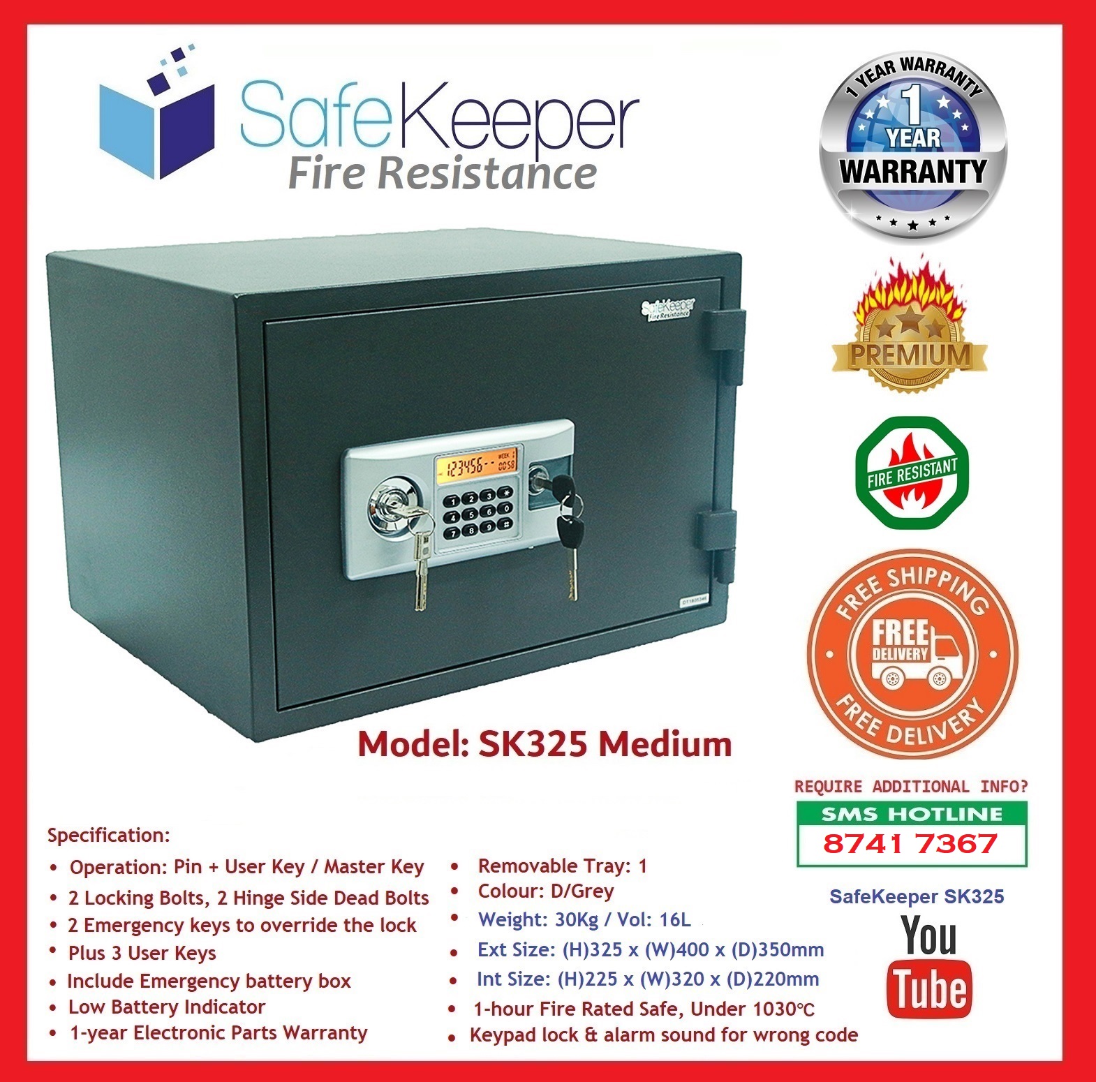 SafeKeeper SK325 Medium Fire Resistance Safe (100 Brand New Product