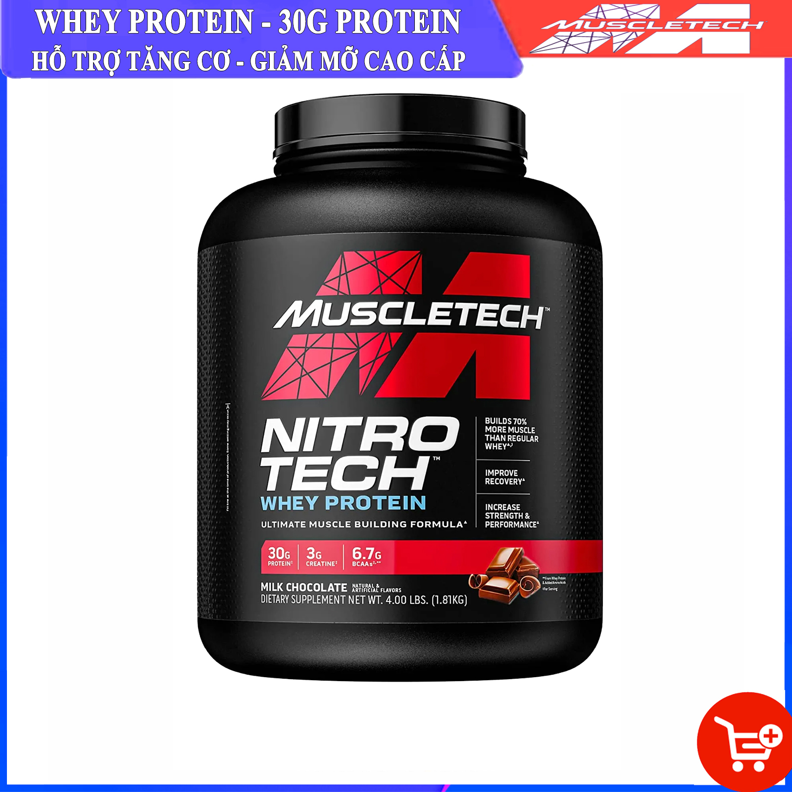 Sữa tăng cơ cao cấp Whey Protein Nitro Tech của MuscleTech hộp 1.8kg hỗ trợ tăng cơ tăng sức bền sức mạnh đốt mỡ giảm cân cho người tập gym và chơi thể thao - thuc pham chuc nang thumbnail