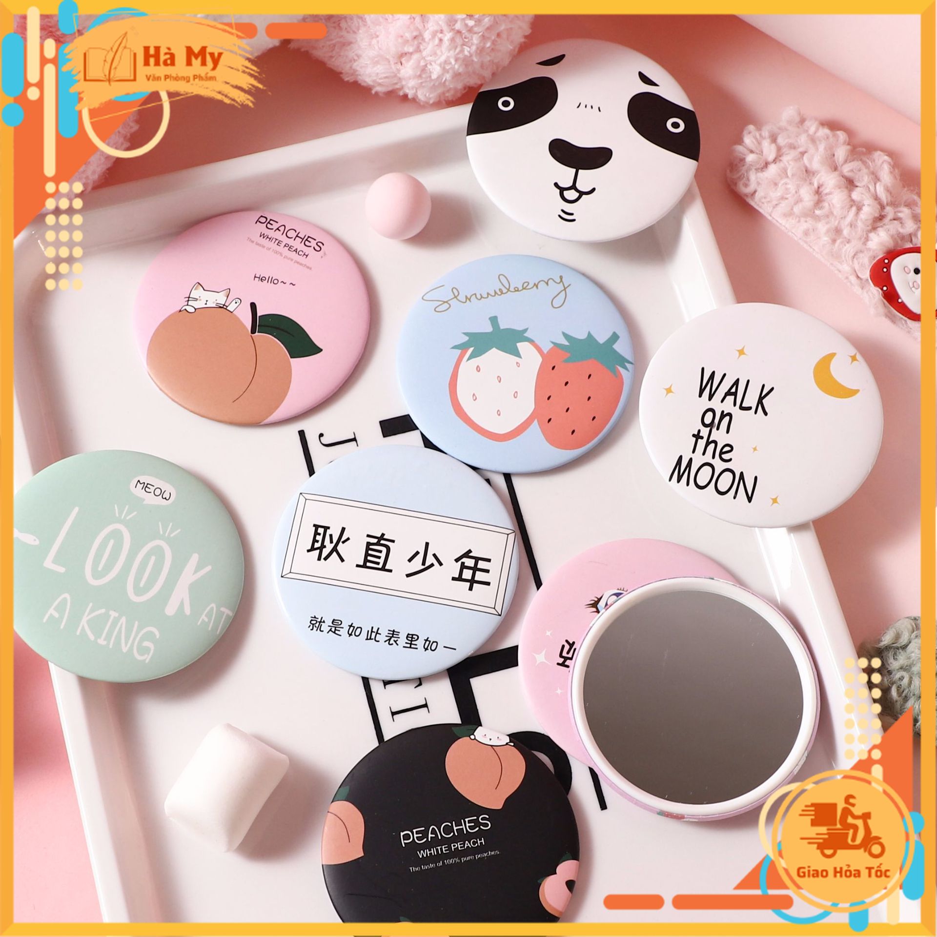 Combo 5 Cái Gương Trang Điểm Mini Hình Tròn 1 Mặt Nhiều Họa Tiết Hoạt Hình