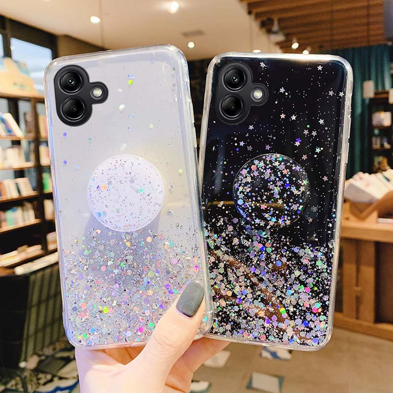 New Phone case Samsung Galaxy M06 Back cover Glittering Soft Stars Moon Sequins Folding Stand Transparent Silicone Anti Drop for Samsung M06 case. 