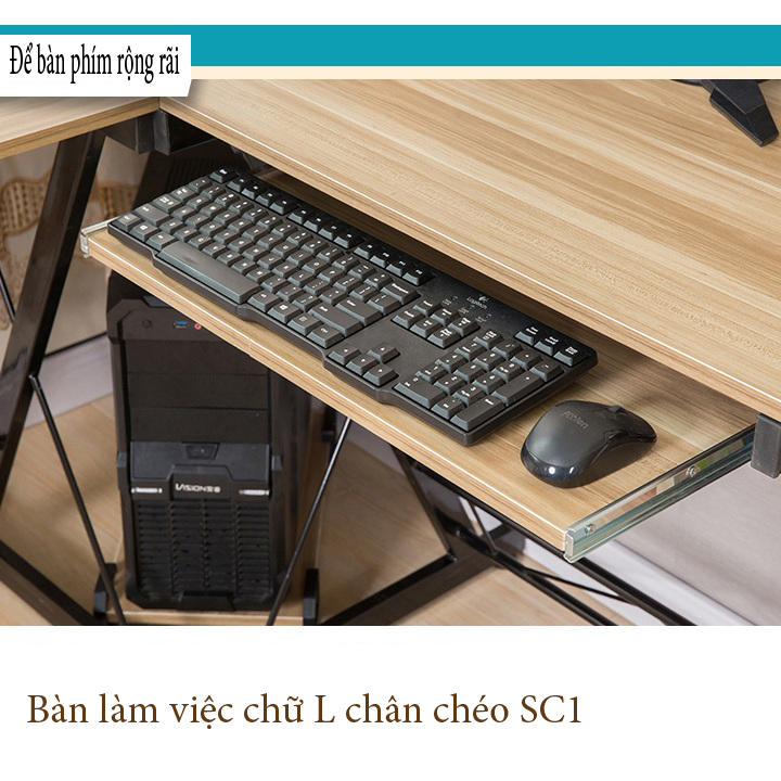 Bàn làm việc chữ L, Bàn máy tính kê góc để làm việc tiết kiệm diện tích, Bàn góc vuông gỗ MDF cao cấp có ngăn kéo chân chéo