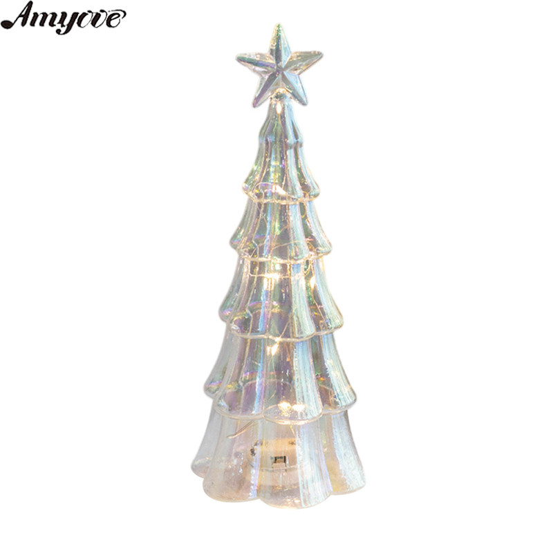 10 Inches Light Up Glass Christmas Tree Mini Xmas Tree For Home Xmas New Year Children Gifts