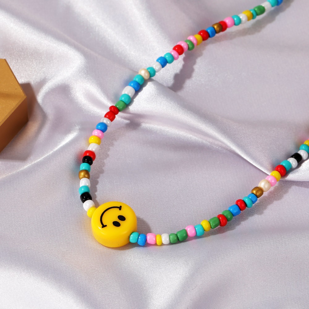 WHC Jewelry Sweet Smiley Face Necklace for Women Hand Made Colorful Bead Chain Couple Choker Gift