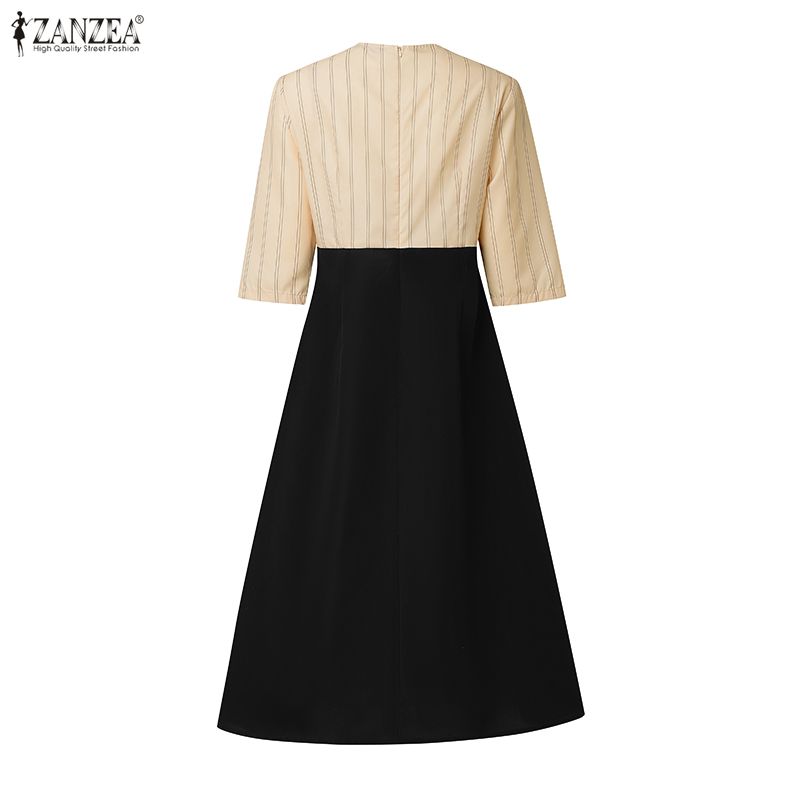 ZANZEA%20Korean%20Style%20Women%20Trendy%20Square%20Neck%20Midi%20Dresses%20Short%20Sleeve%20Bowknot%20Stripe%20Patchwork%20Dress%20#1229%20-%20Image%206