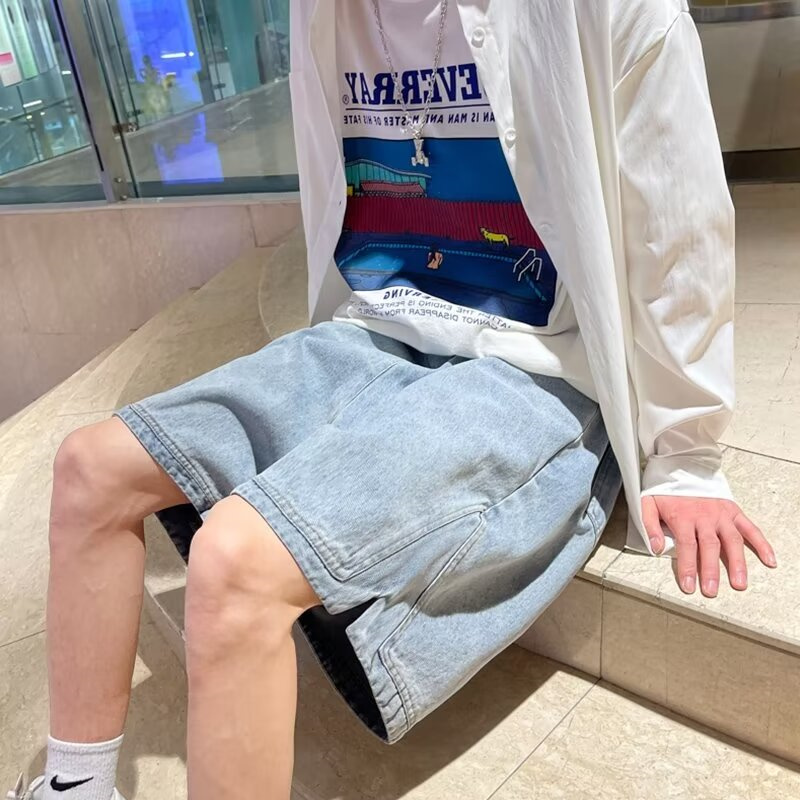 EERSHENSHI men's denim shorts- Men's Solid Color Loose Straight Casual Denim Shorts Thin breathable shorts