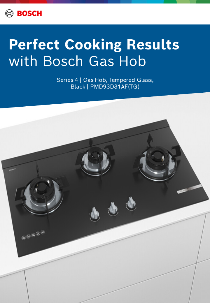 Bosch PMD93D31AF Built In Black Tempered Schott Glass Gas Hob 3 gas burners 92cm width powerful 5 Kw wok burner 2 kw center burner electric ignition suitable for Town Gas only. 2