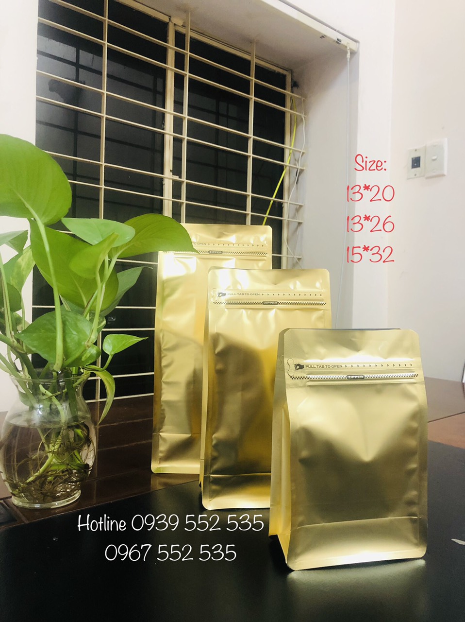 [1kg/size] túi zip 8 cạnh cafe MÀU VÀNG ĐỒNG (full size)