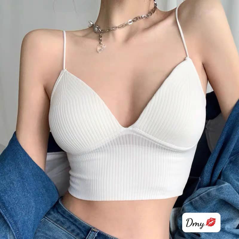 Áo bra 2 dây mảnh chất gân tăm cổ v xẻ