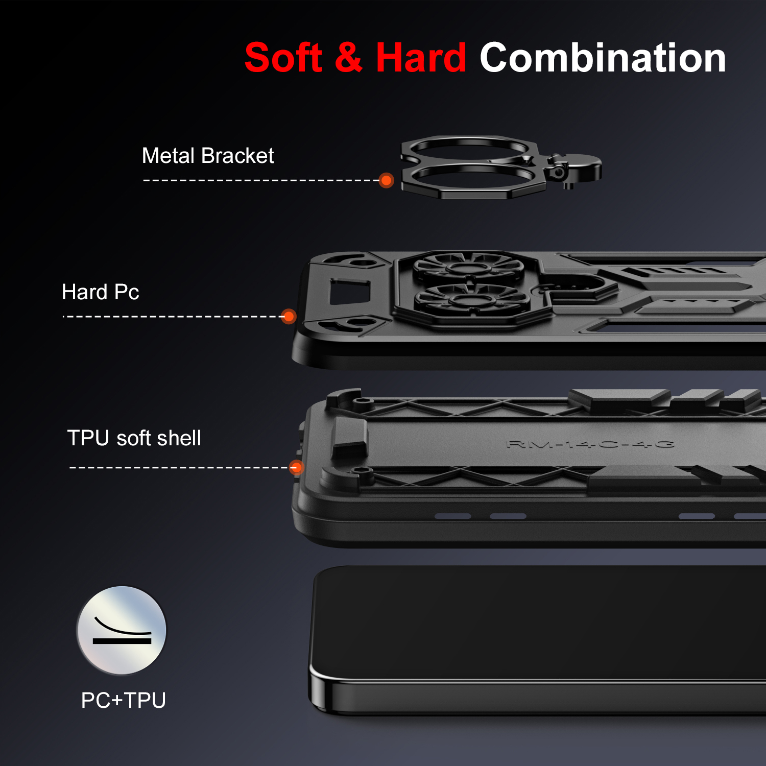 Phone cover For Redmi A4 A5 14C case shell Protective Case Dual Material PC+TPU with 360° Rotating Bracket & Finger Loop Anti-Scratch Armor‌ For Redmi 14C Cases Housing. 