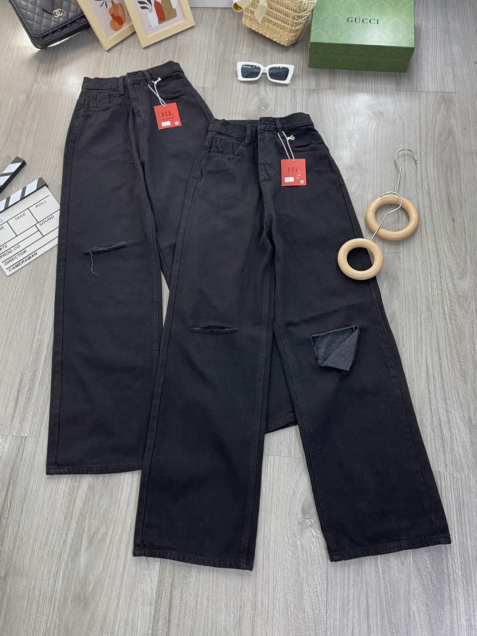 Quần jean nữ Suông nữ ống rộng màu Đen rách kiểu cá tính - Quần bò nữ lưng cao - Xưởng May Tú Linh