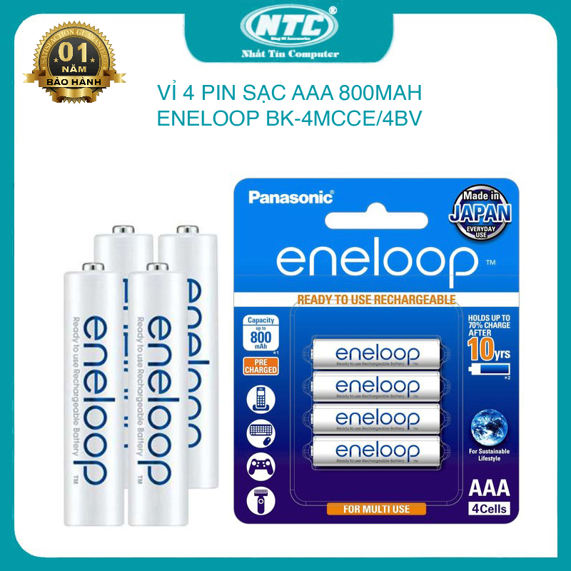 Vỉ 4 pin sạc AAA Eneloop 800mAh BK-4HCCE/4BT (BK-4MCCE/4BV) - box ANH (Trắng) Nhất Tín Computer