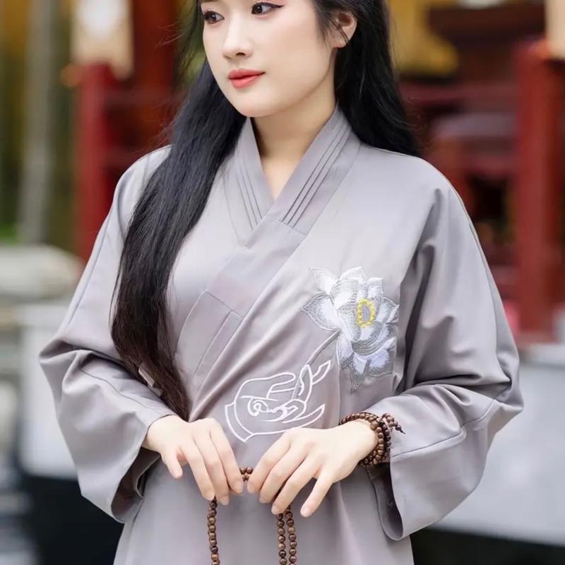 Pháp phục đi chùa thêu sen tay phật đắp chéo thắt dây