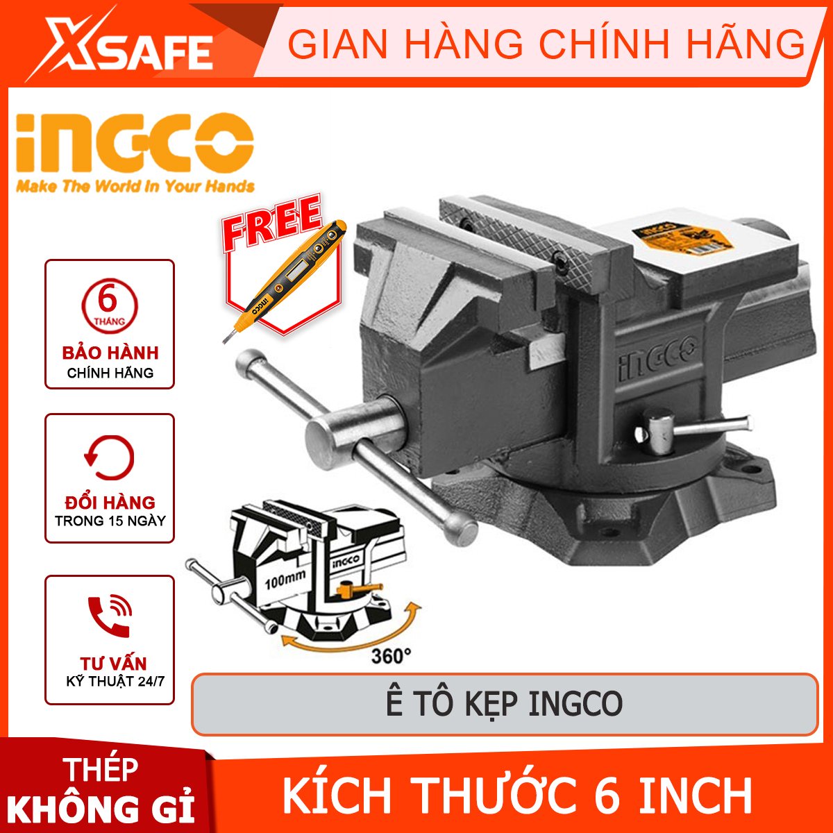 Ê tô kẹp ingco | ê tô kẹp đế xoay kích thước đế xoay: 4-8inch lực kẹp tối đa: 1300-2500 kgs1/t dùng để kẹp và giữ chặt các chi tiết như: ống thép, thanh thép,...