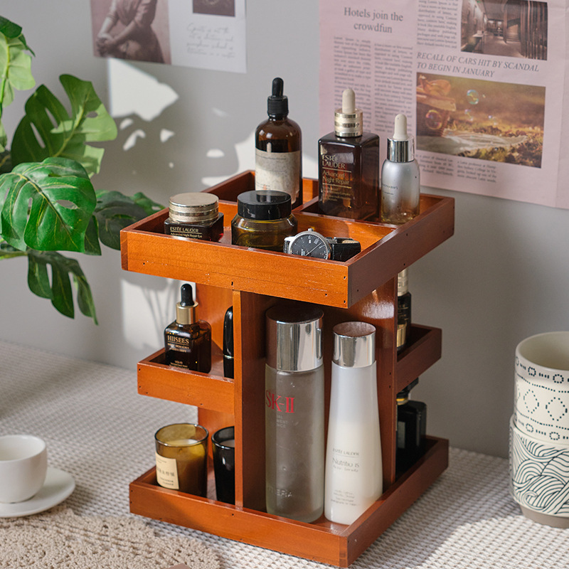 Vintage Desktop Rotating Multi-Layer Cosmetic Organizer Wooden Multi-Layer Perfume Display Rack Storage Shelf