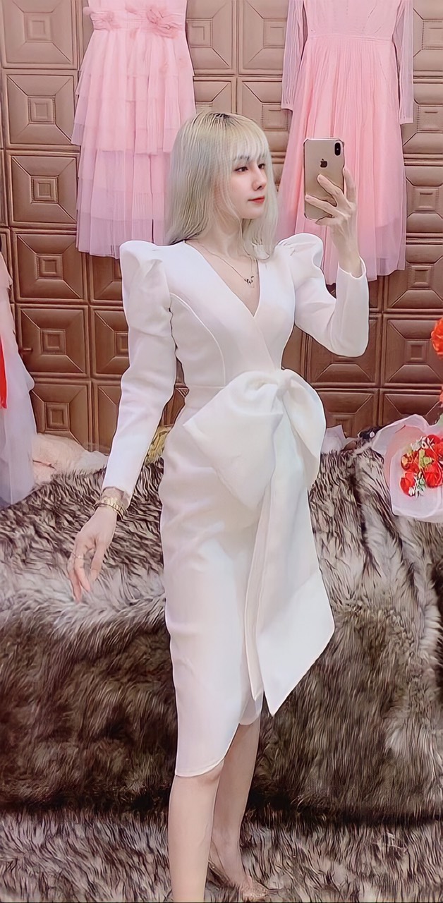 Đầm Ôm Tay Phồng Nơ Eo