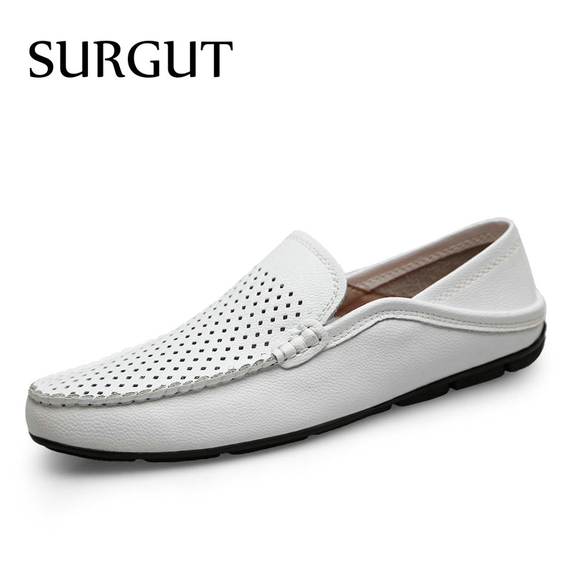SURGUT Genuine Leather Men Casual Shoes Luxury Brand Mens Loafers Moccasins Breathable Slip on Driving Shoes Plus Size 36-47
