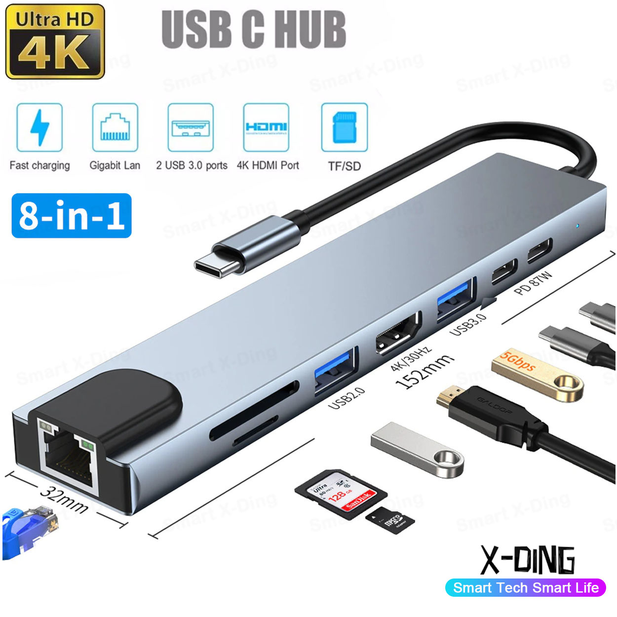 8-in-1 usb c hub docking station, usb c adapter with 4k hdmi, usb 3.0 & 2.0, tf/sd reader, type c, 4k pd, rj45,ethernet, 100w power delivery compatible with surface, steam deck or other type c devices