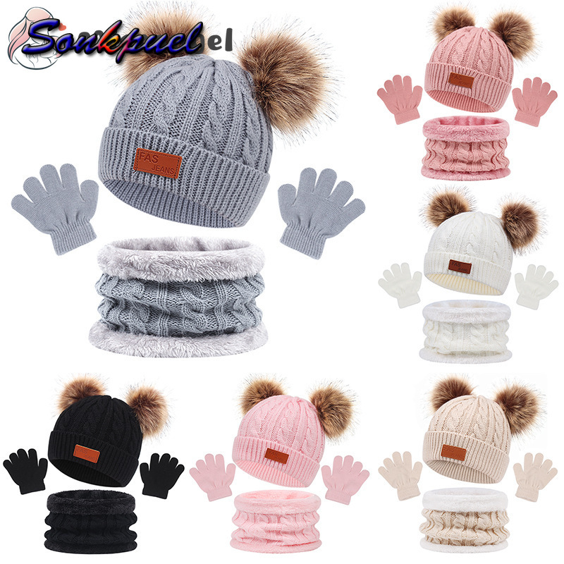 Sonkpuel Cute Baby Hat Scarf Gloves Suit Set Beanie Cap Children's Hats Girls Fake Ball Pompon Plush Keep Warm Winter Knitted Skullies