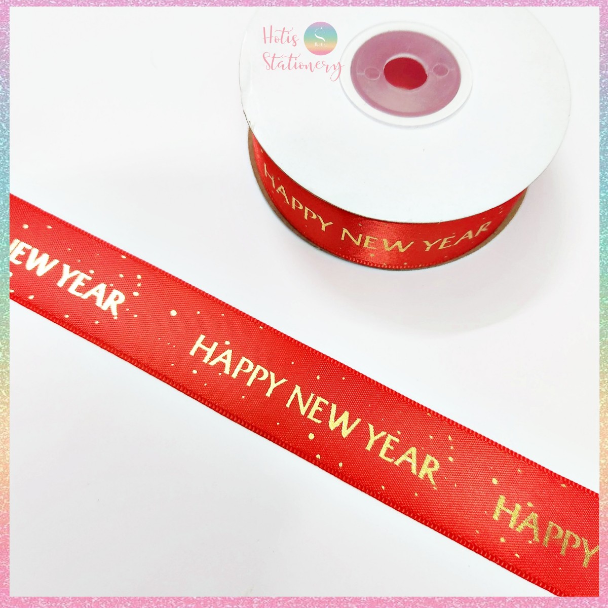 Cuộn 22m ruy băng lụa đỏ dập vàng kim happy new year 2024 chúc mừng năm mới giáp thìn