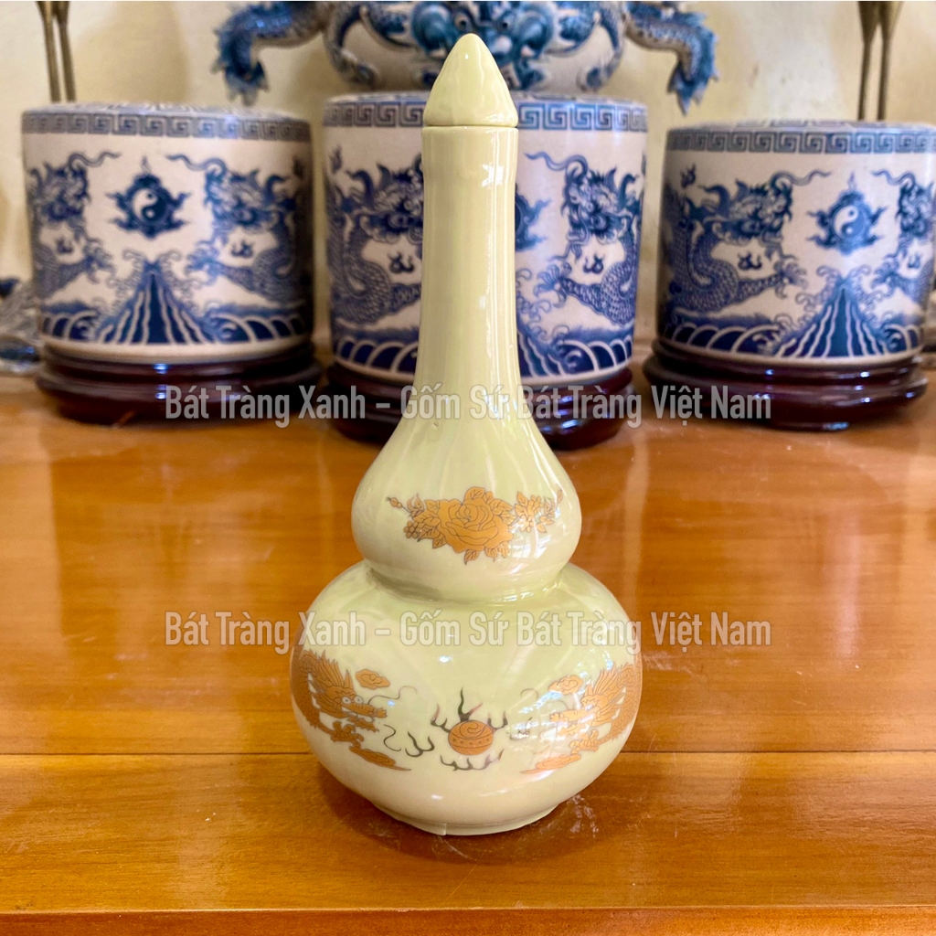 Bộ đồ thờ bát tràng men ngà vẽ vàng kim loại i - bát hương, mâm bồng, choé, kỷ, đèn dầu, nậm, bát sâm, bát cúng, lọ hoa