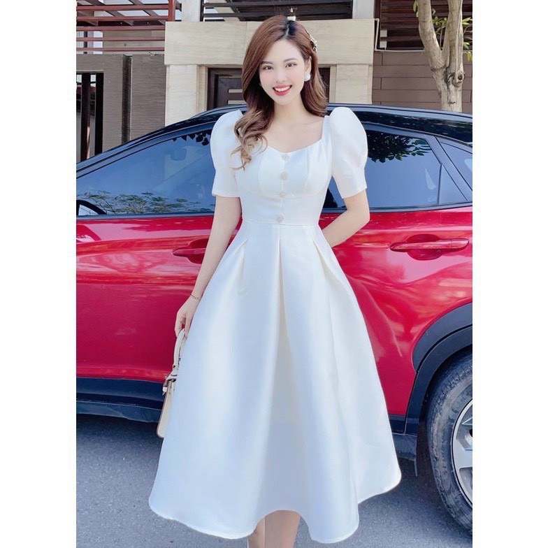 Đầm trắng dự tiệc đính nút - Đầm nữ dáng xoè thiết kế tay phồng bèo lai xếp ly - Siêu phẩm đầm tiểu thư nữ màu trắng dáng xoè ôm eo