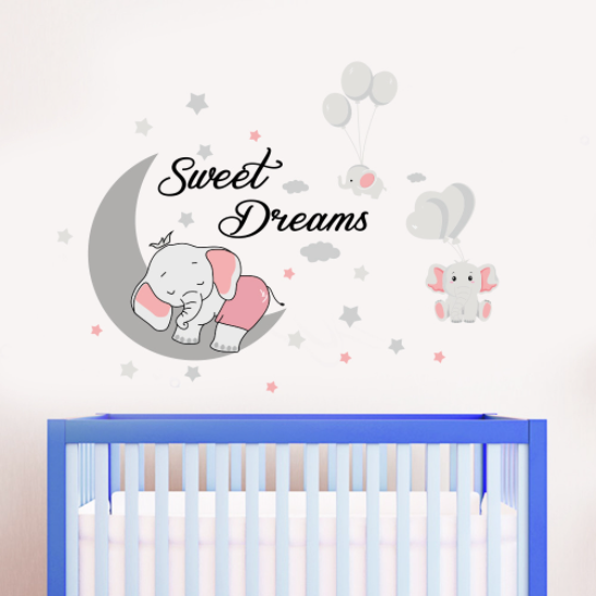 Decal trang trí tường - Chú voi con ngủ trên cung trăng