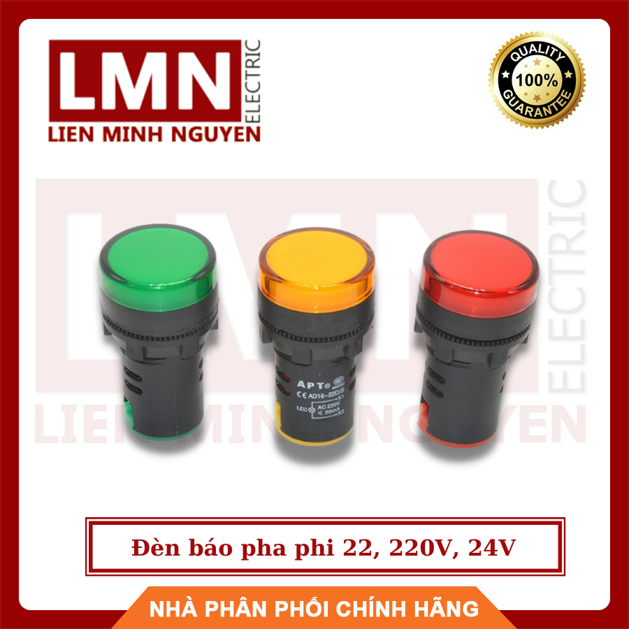 Đèn báo pha phi 22, 220V, 24V Đỏ, Vàng, Xanh dùng cho tủ điện