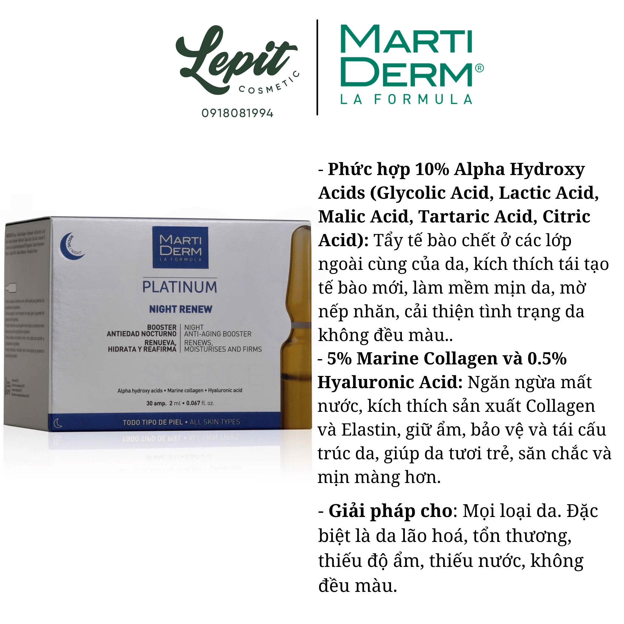 [ Lepit Cosmetic] Tinh chất chống lão hoá và tái tạo da ban đêm MartiDerm Platinum Night Renew Ampoule