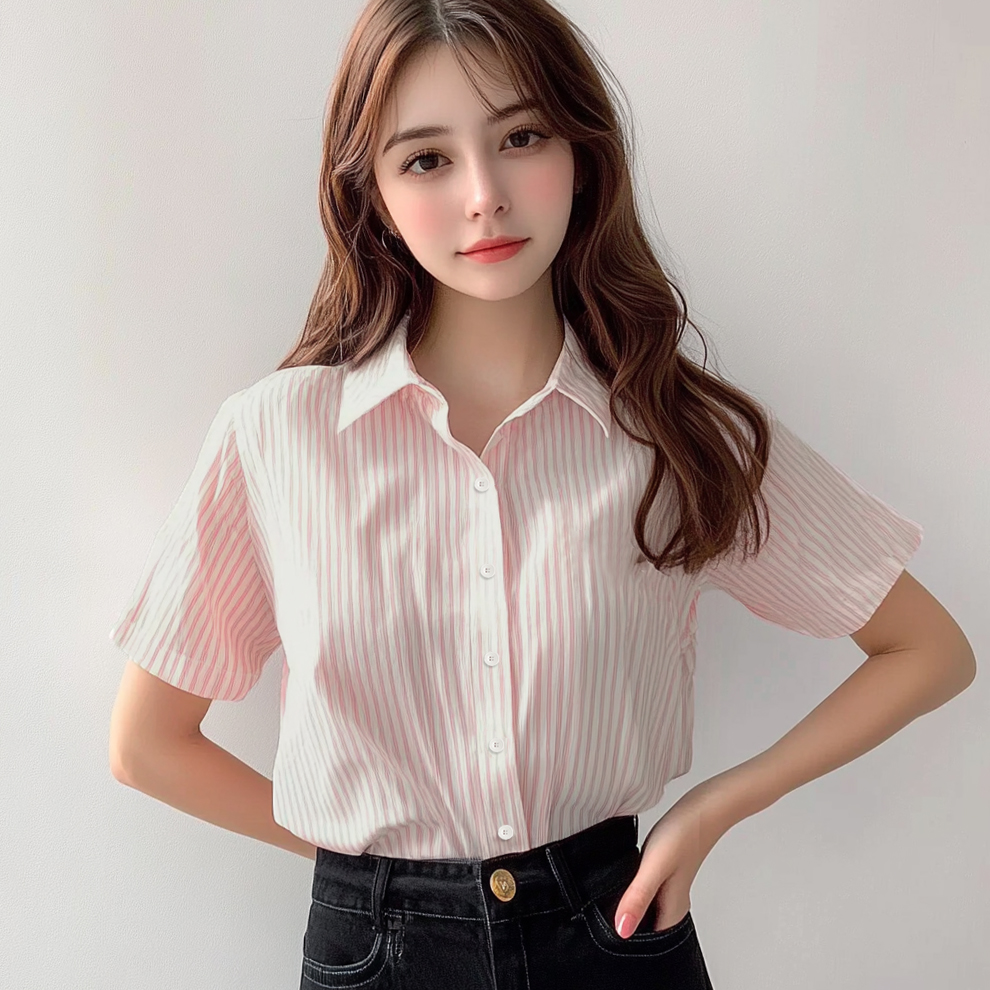 Closet Crush Phụ Nữ Của Áo Sơ Mi Mùa Hè Phong Nha Thoải Mái Hàn Quốc Sọc Ngắn Tay Áo Sơ Mi Cổ Áo Sơ Mi Workwear Áo Sơ Mi B241119