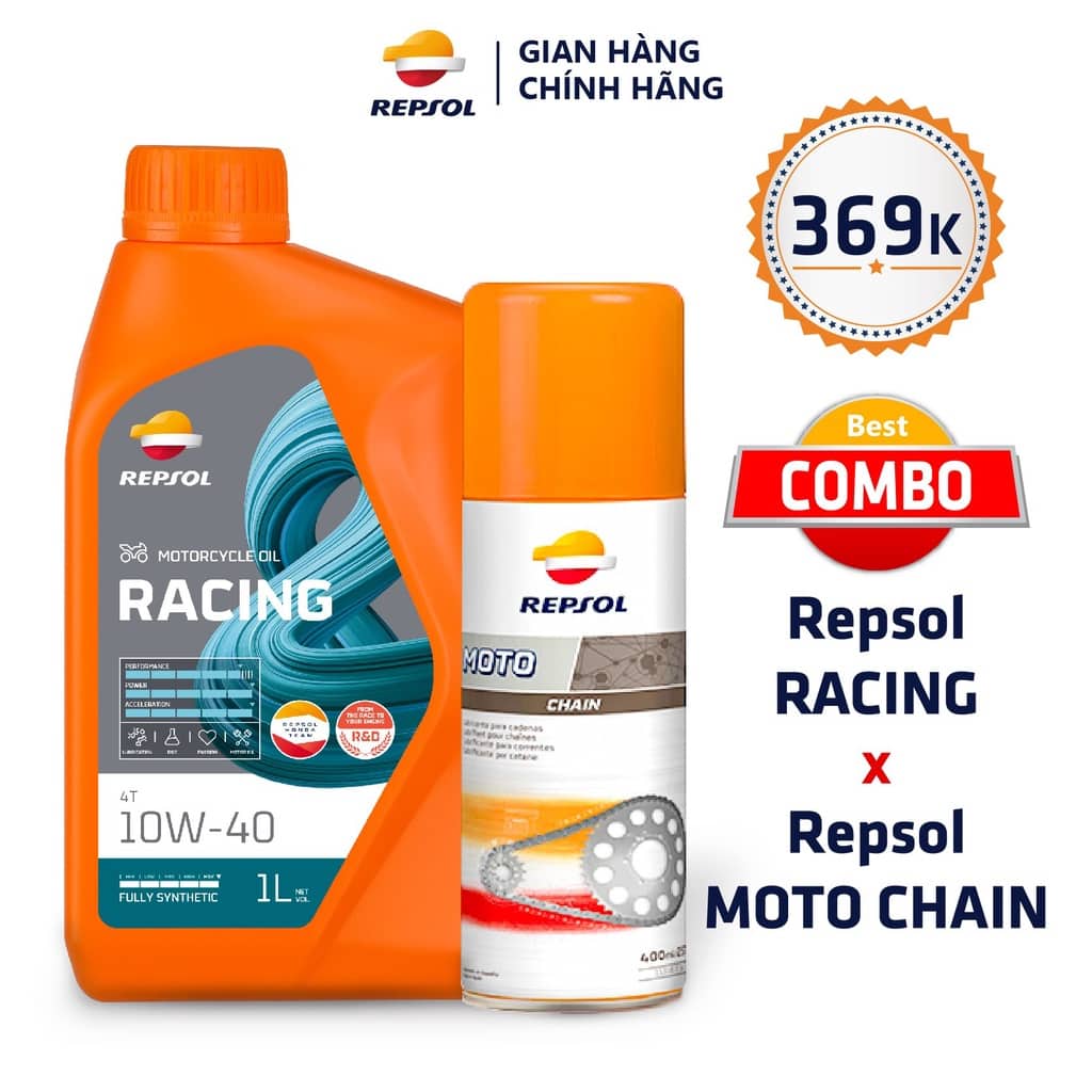 Nhớt repsol racing 10w40 mẫu mới kèm dưỡng sên repsol