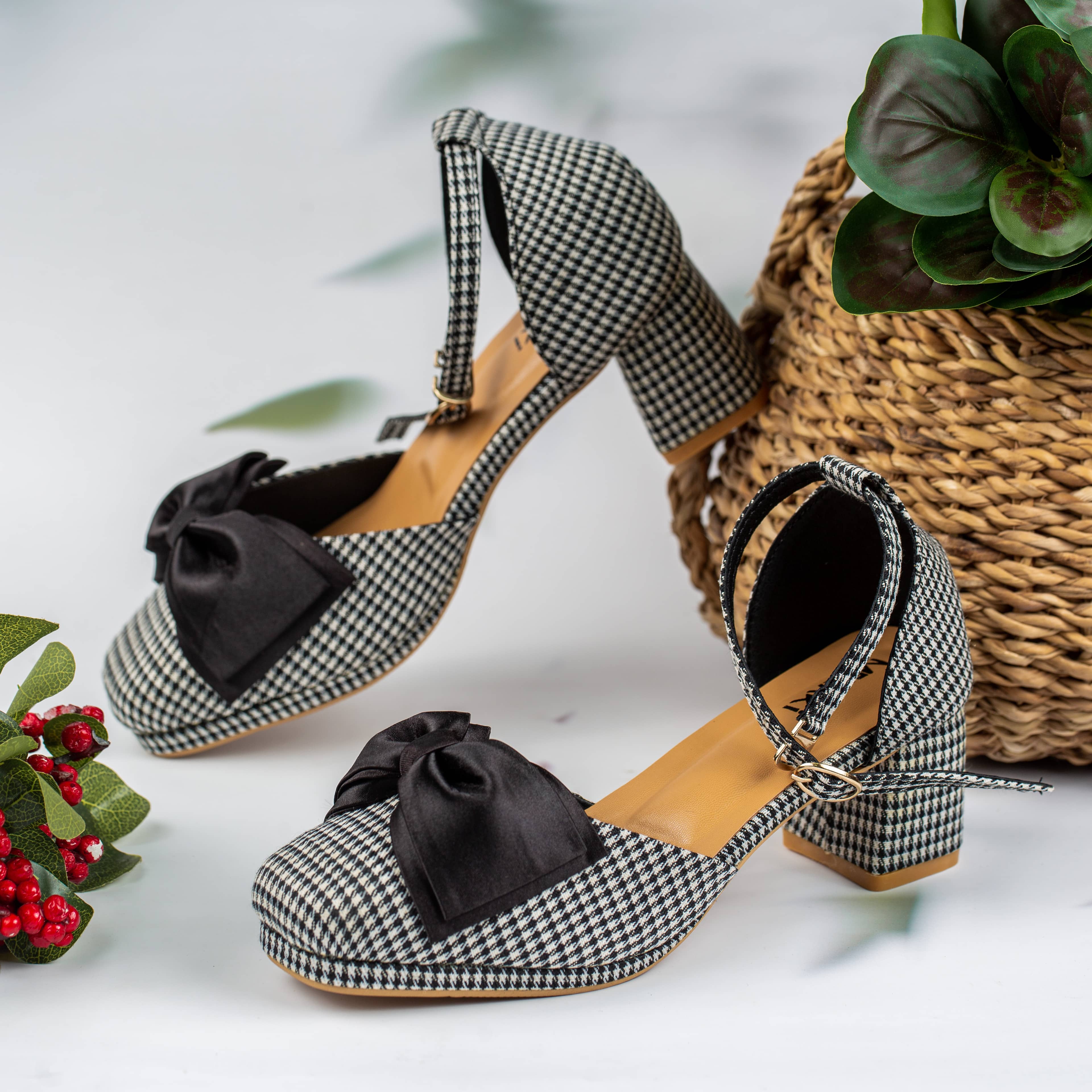 Layla White Check Closed Toe Block Heel for women.